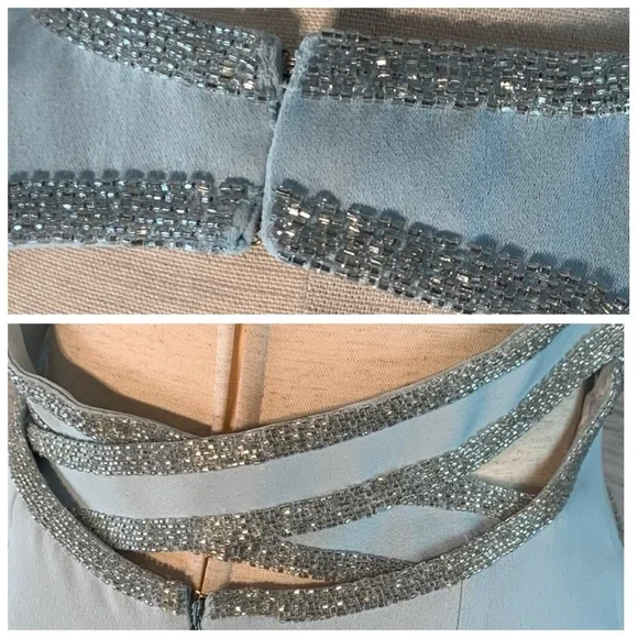 Peak Evenings Sky Blue Sleeveless Formal Evening Gown With Mesh Midriff. - Picture 13 of 15